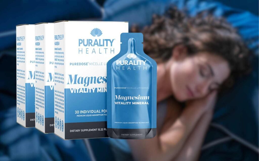 A woman laying on blue sheets and pillow asleep.  With an image of three boxes of Purality Health Magnesium at the forfront.