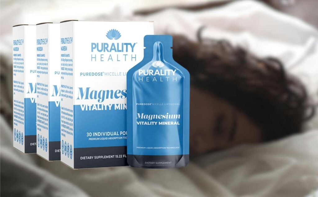 An advert for Purality Health’s Micelle Liposomal Magnesium! with three sample boxes and a sleeping woman in the background.