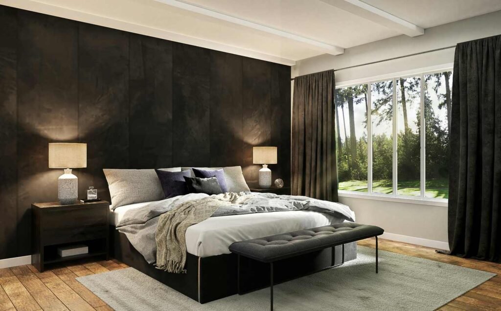 A modern bedroom with dark felt wall covering, and full windows out to a garden.