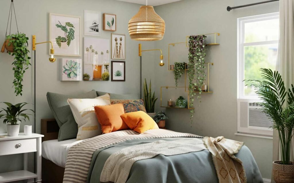 A rather colorful and joyful bedroom. Colorful throw rugs, pictures on the wall and numerous house plants.