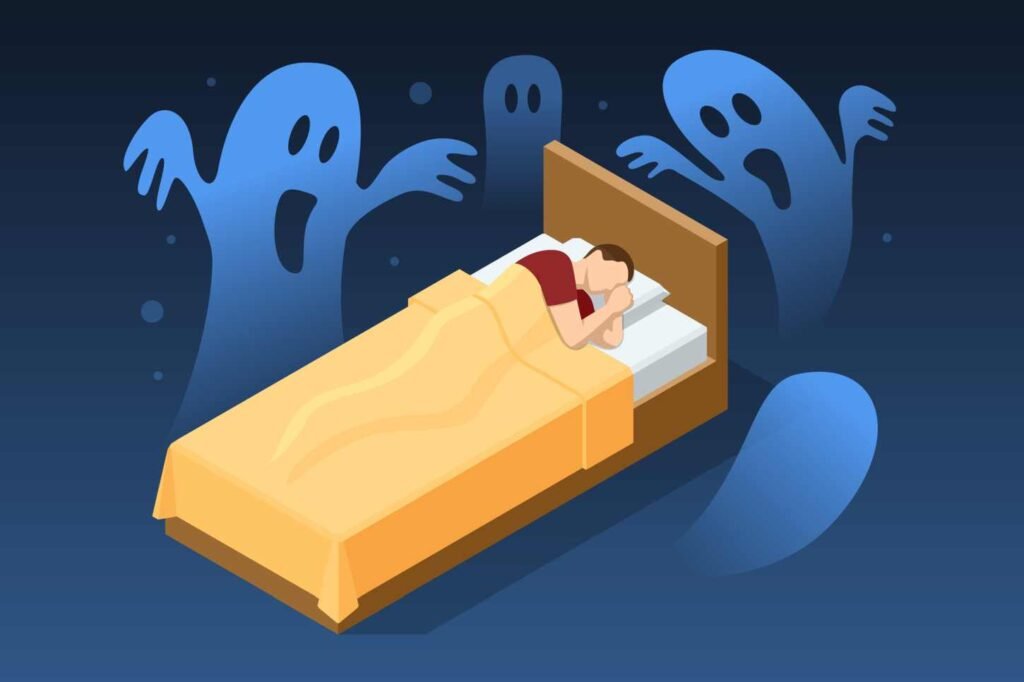 A graphic of a man sleeping with ghost images hovering around the bed. Causing the man to experience nightmares.