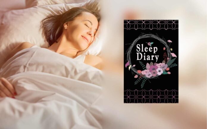 An elderly female asleep between white sheets with a sleep diary to her left, on a blurred background.