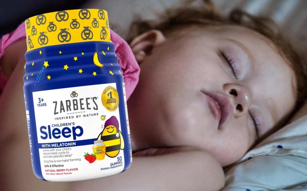 A toddler sleeping, with a Zarbee's Sleep Gummies for toddlers bottle over the image.