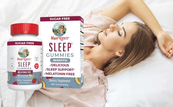 A female sleeping, one arm above her head, she uses sleep gummies without melatonin.