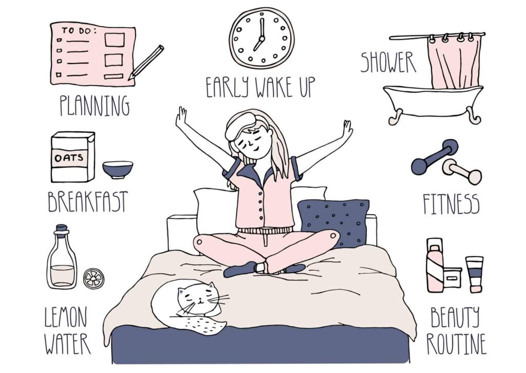 A sleep hygiene education graphic showing a daily routine to improve sleep.