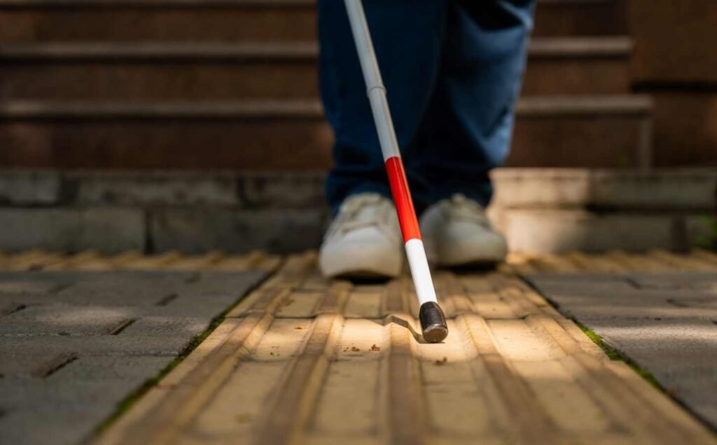 A blind person walking with a cane, at a tactile yellow crossing.