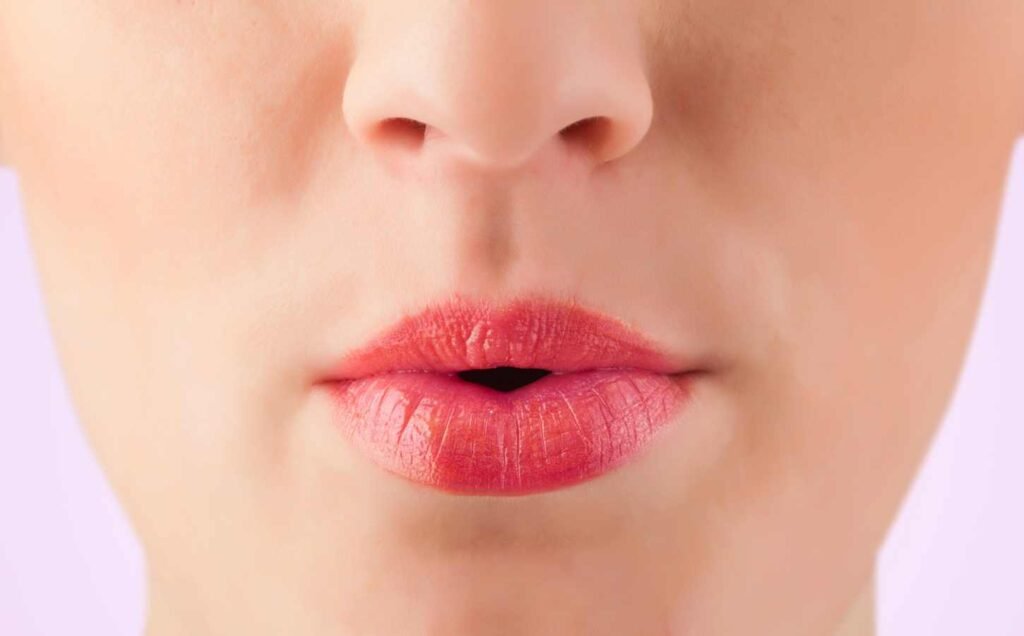 Close up of a woman's red lips. She is performing a tongue trick for better sleep.