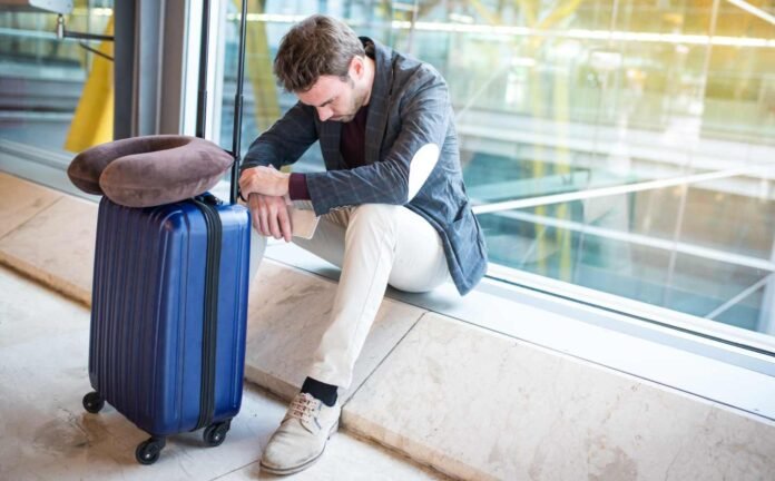 A man sitting on a ledge at an airport with his luggage at his feet. He is probably experiencing desynchronosis.