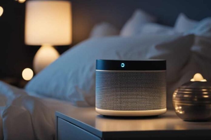 A white noise machine on a bedside cabinet with fairy lights in the background.