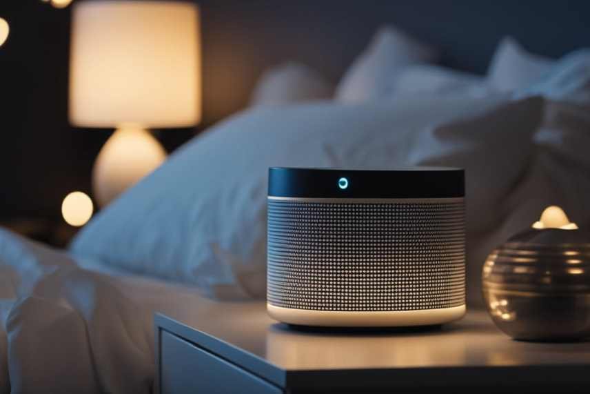 A white noise machine on a bedside cabinet with fairy lights in the background.